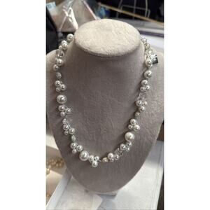 Anne Klein Multi Strand Floating Faux Pearl Crystal Silver Tone Necklace